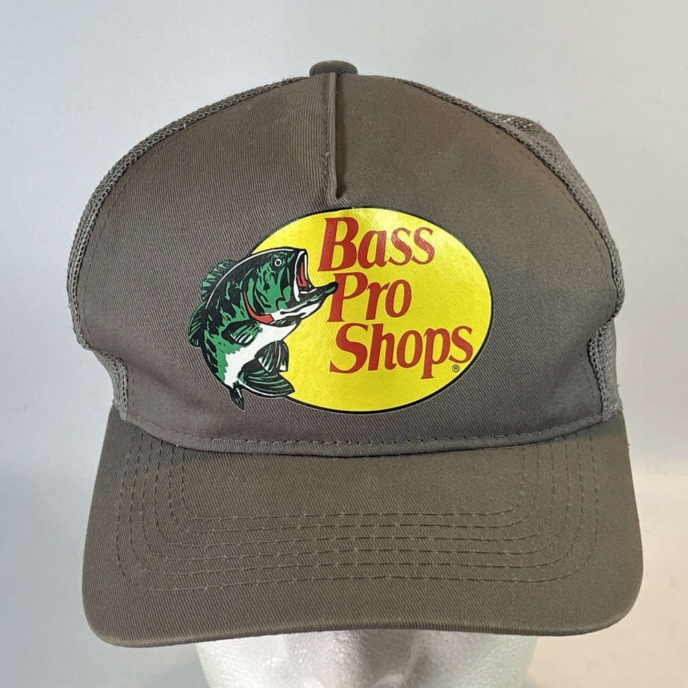 Vintage Bass Pro Shops Hat Cap Snap Back Gray Logo Gone Fishing Spellout Mesh